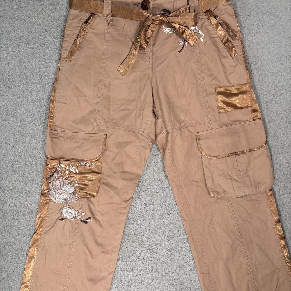 Cache Women’s Cropped Cargo Pants Size S Tan Brown Floral Boho Y2K Rave Fairy - Picture 3 of 15